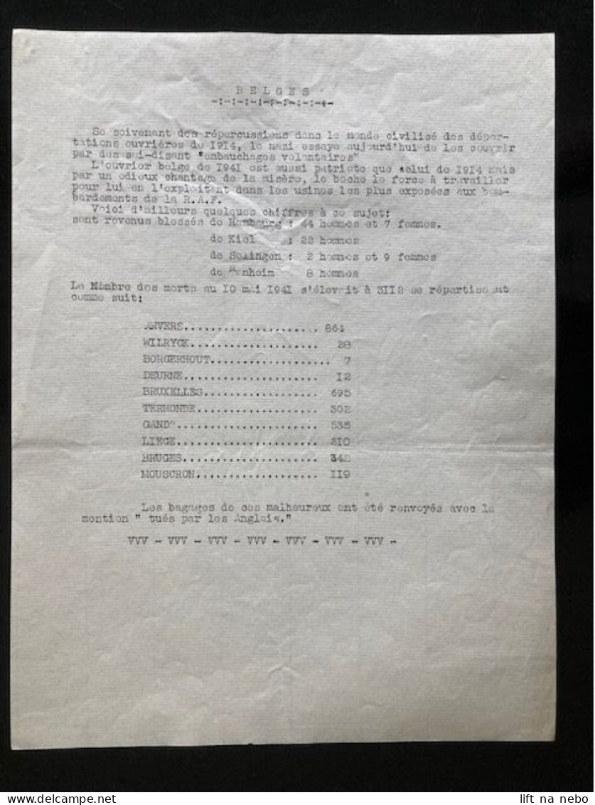 Tract Presse Clandestine Résistance Belge WWII WW2 'BELGES' (Se Soivenant Des Répercussions Dans Le Monde Civilisé... ) - Documenti