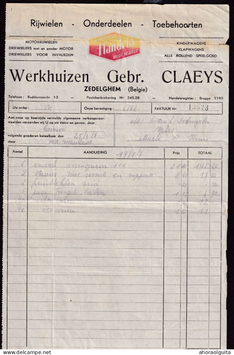 DDGG 084 - VELO/RIJWIEL - ZEDELGHEM " Flandria" Werhuizen Gebr. Claeys - Faktuur 1937 + Fiskale Zegel - Transporte