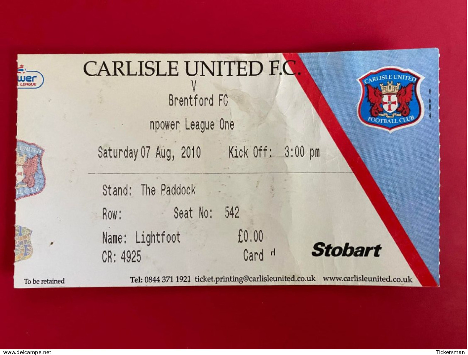 Football Ticket Billet Jegy Biglietto Eintrittskarte Carlisle United - Brentford FC 07/08/2010 - Toegangskaarten