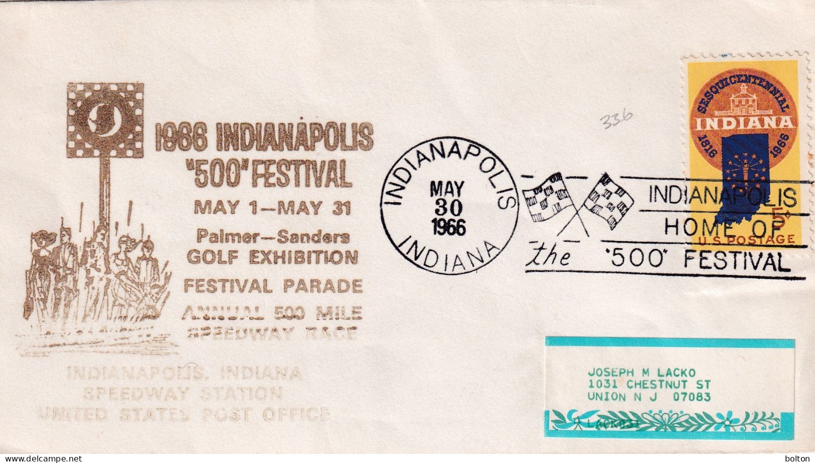 1966 USA ANNULLO SPECIALE FIGURATO  5R00 MIGLIA DI INDIANAPOLIS - Automobilismo