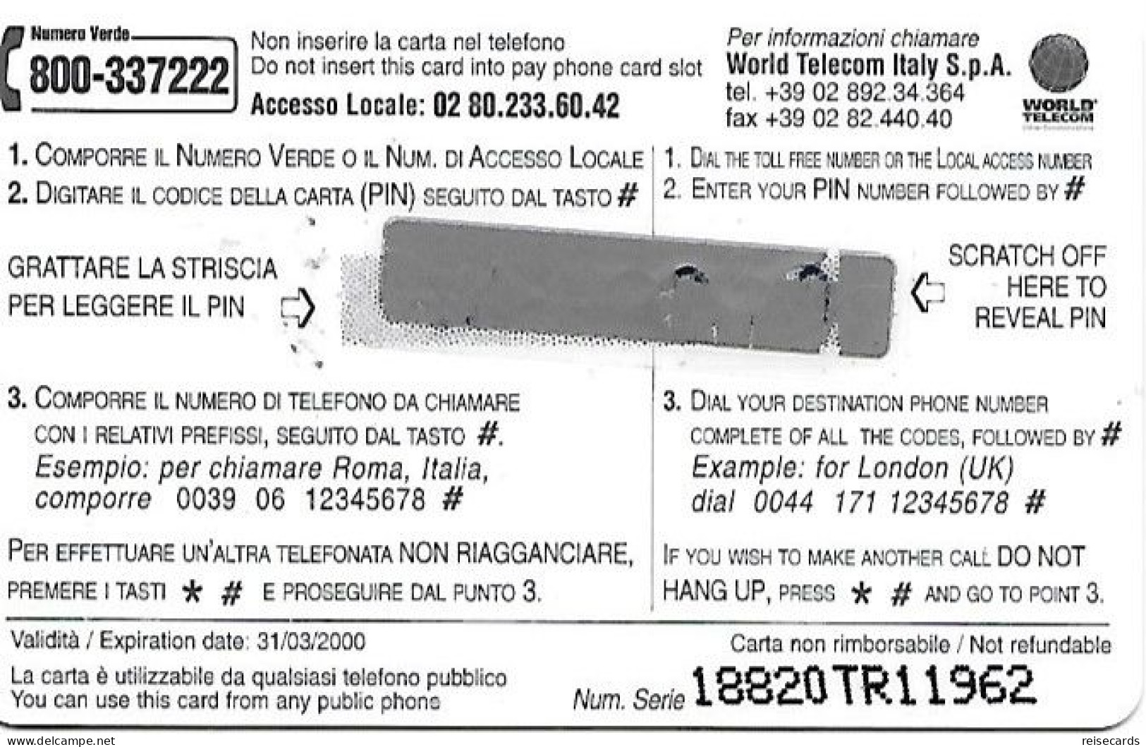 Italy: Prepaid World Telecom - Firenze, Statua Del David, Michelangelo - [2] Handy-, Prepaid- Und Aufladkarten