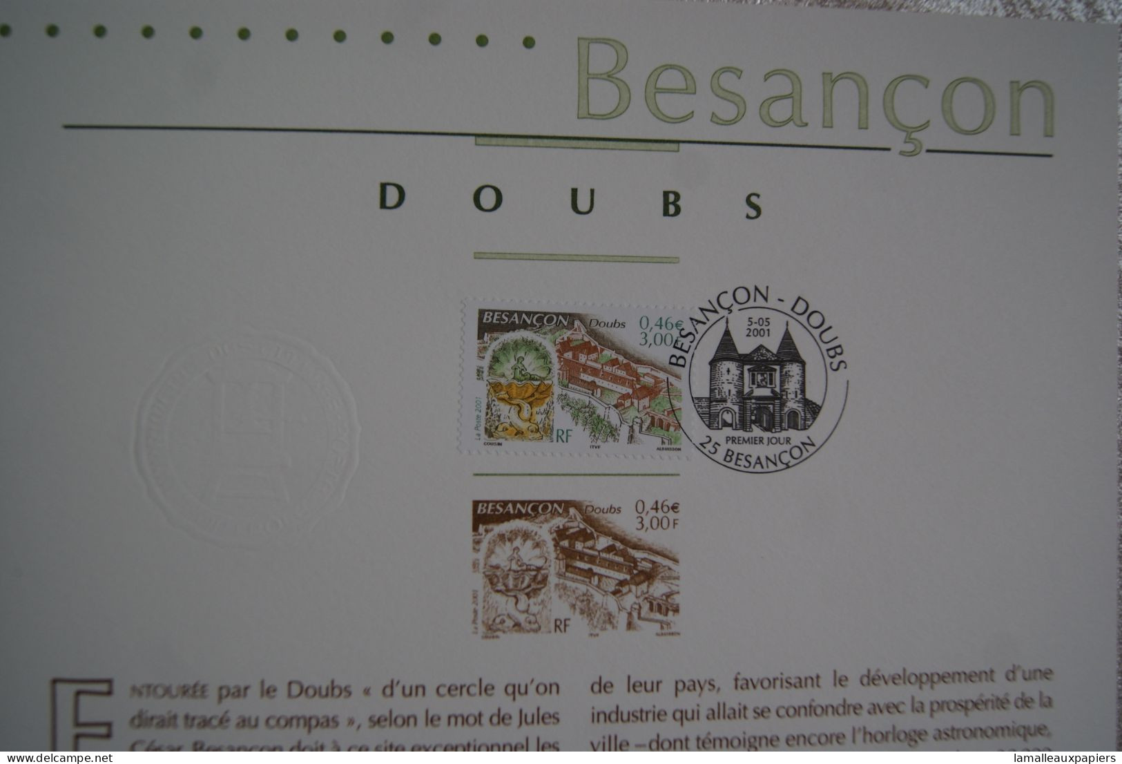 Besançon : Collection Historique Du Timbre Poste Français (2001) 1e JOUR - Géographie