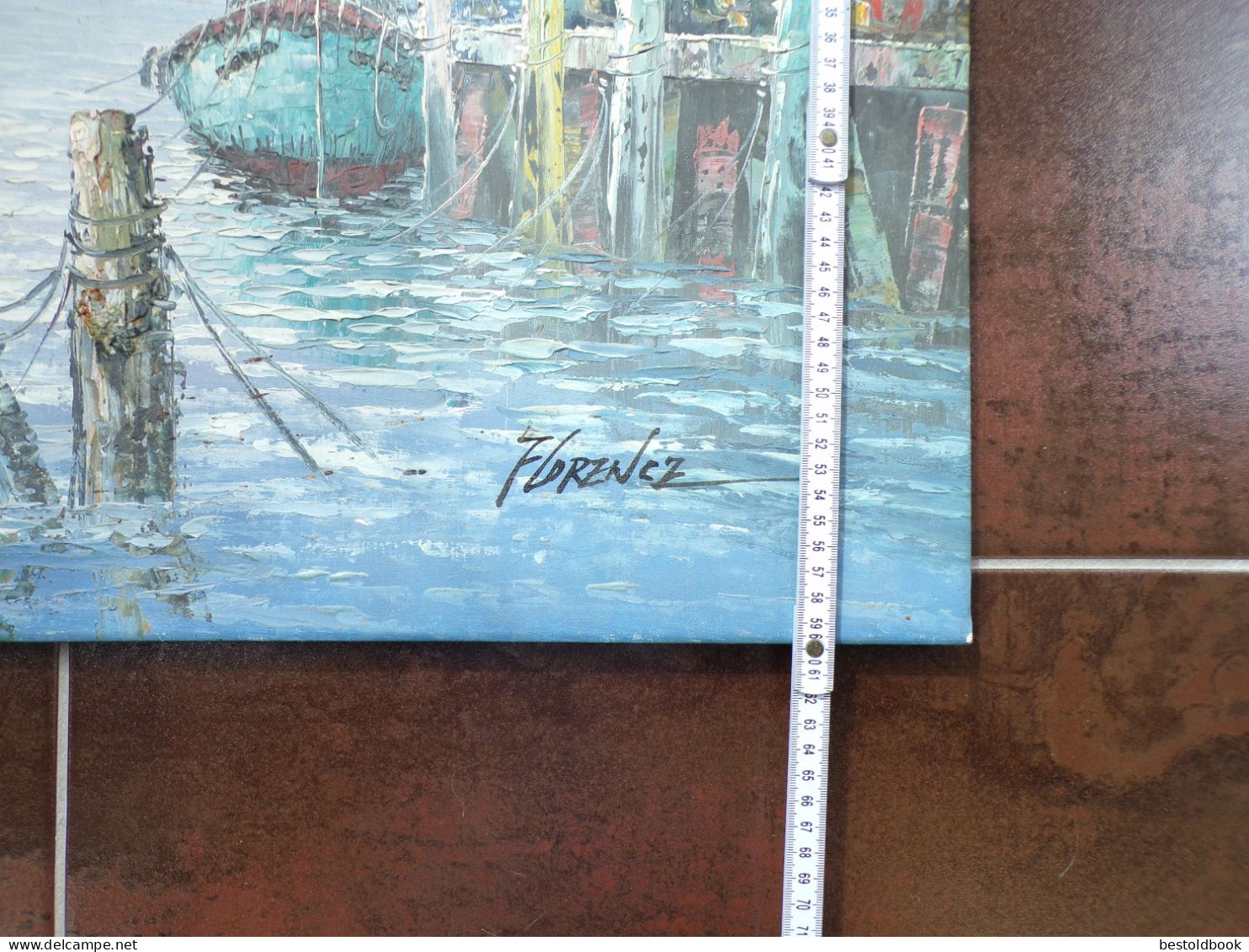 Tableau gouache  sur toile au couteau signé Florence - Vue de port 120 x 60 cm