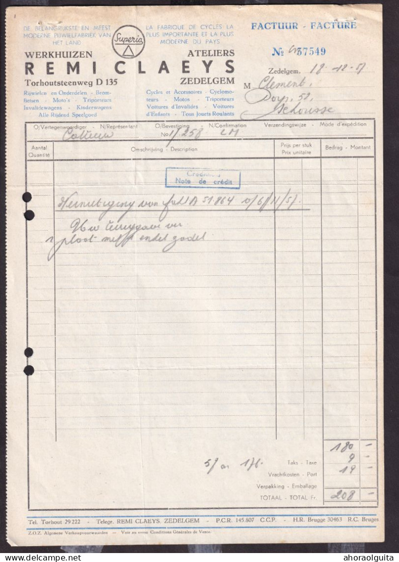 DDGG 086 - VELO/RIJWIEL - ZEDELGEM " Superia" Werhuizen Remi Claeys - Faktuur 1950 (Fiskale Zegel) + Kredietnota - Transports