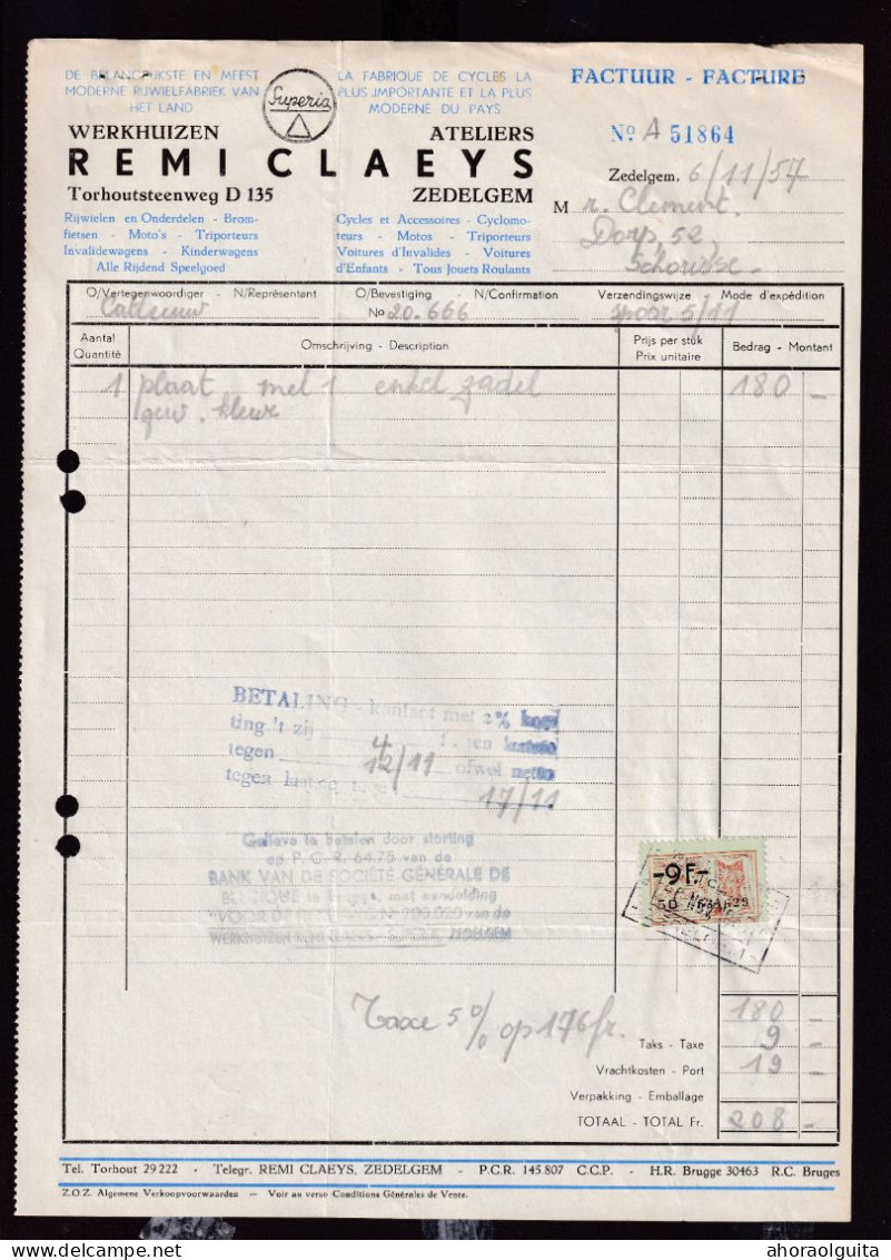 DDGG 086 - VELO/RIJWIEL - ZEDELGEM " Superia" Werhuizen Remi Claeys - Faktuur 1950 (Fiskale Zegel) + Kredietnota - Verkehr & Transport