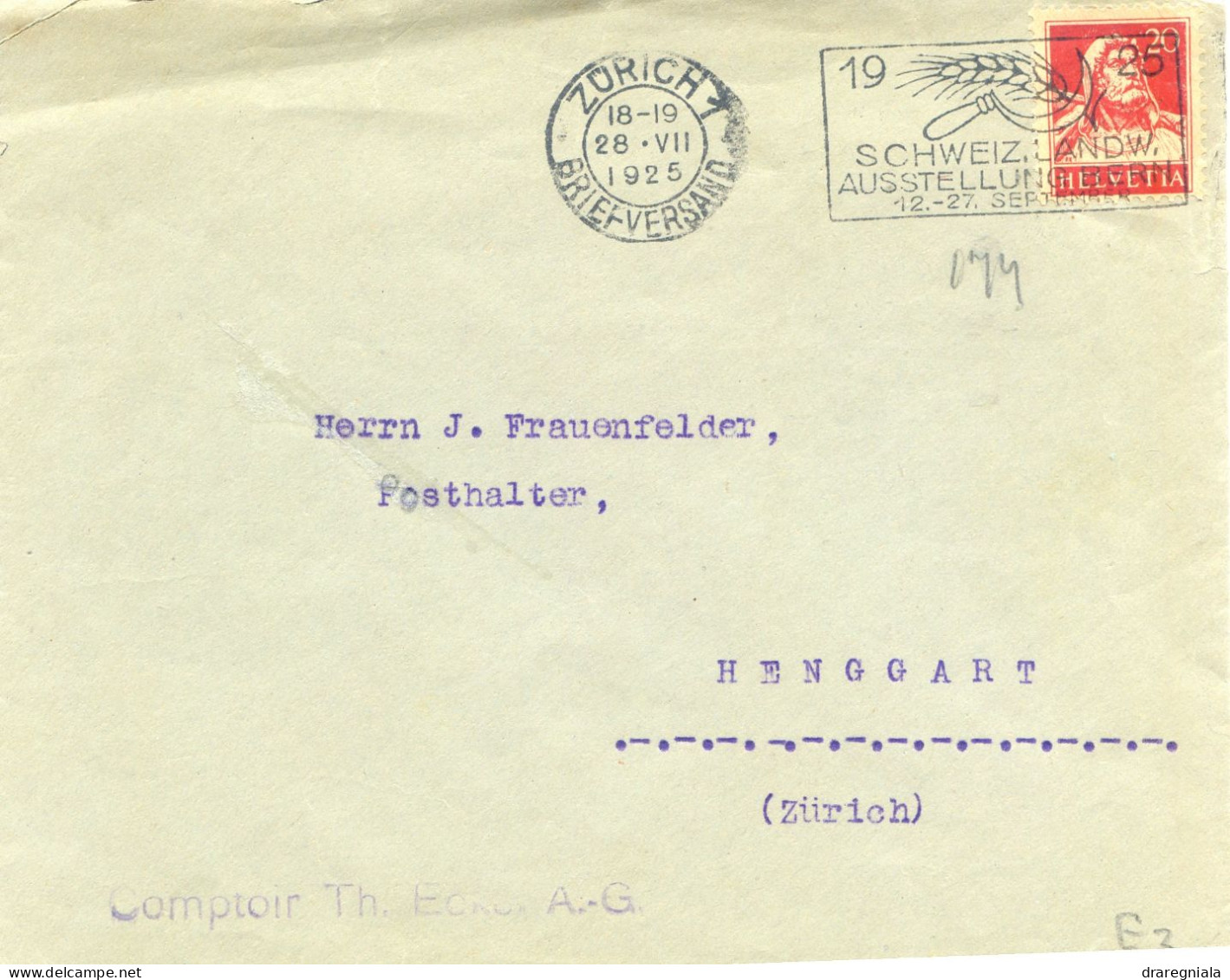 Mail Von Zurich - Schweiz Landw Ausstellung Bern 1925 - Tellbrustbild 174 - Salon Agricole Suisse De Berne - Storia Postale