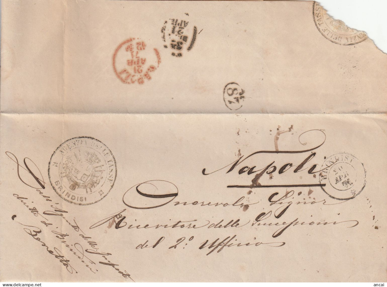 Italy. A204. Brindisi. 1871. Annullo Doppio Cerchio BRINDISI + AGENZIA DELLE TASSE, Su Franchigia. NUMERO DI QUARTIERE - Storia Postale