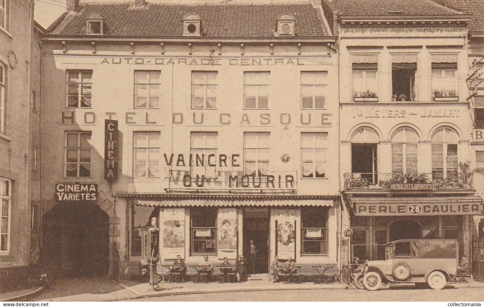 2 Oude Postkaarten Tongeren Hotel Du Casque  Garage Central Cinéma Varietés   Café Des Deux Fontaines  Vve Meyers  1929 - Tongeren