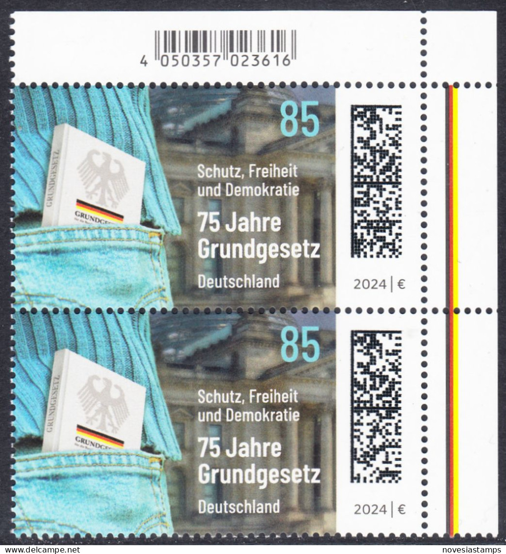 !a! GERMANY 2024 Mi. 3830 MNH Vert.PAIR From Upper Right Corner - Constitution - Neufs