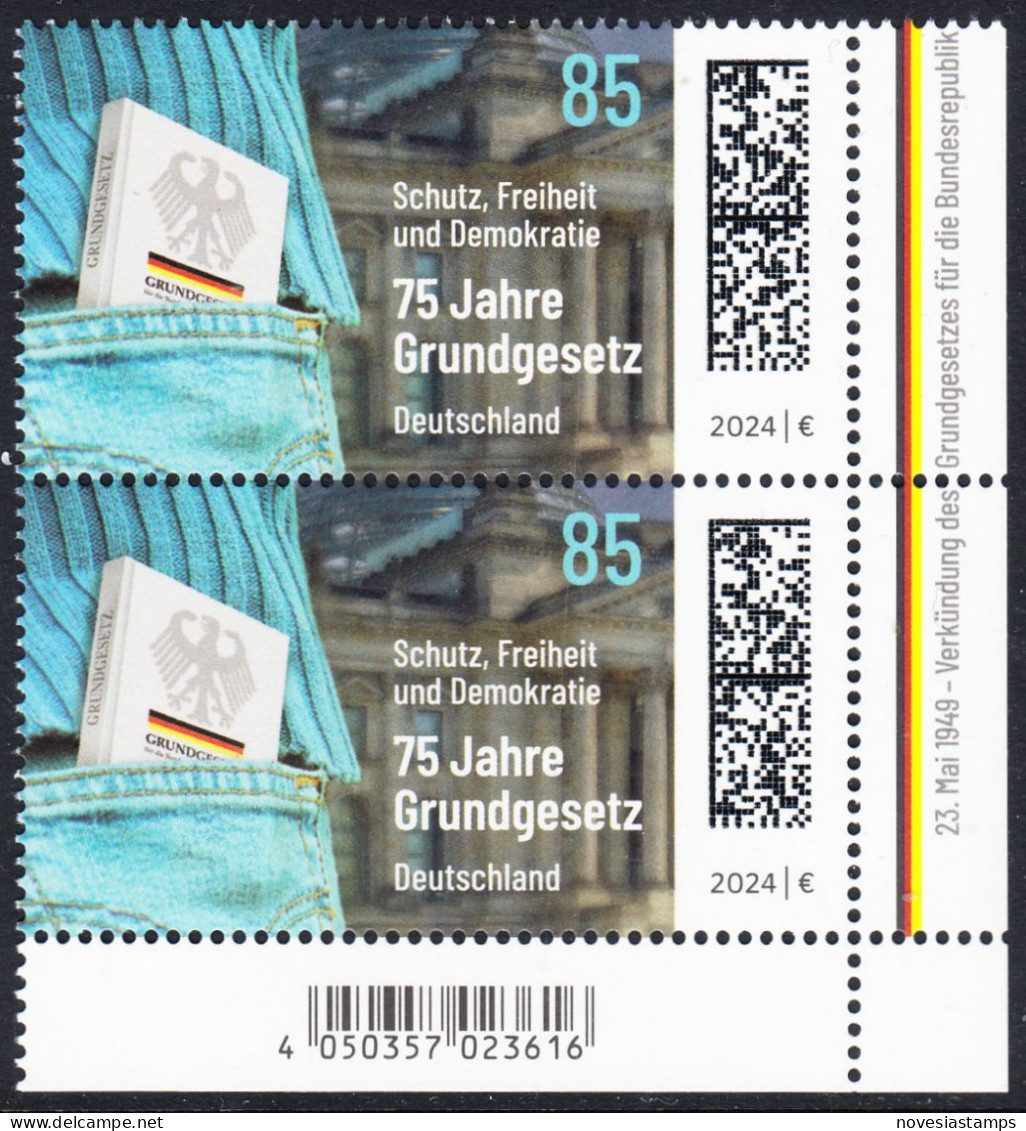 !a! GERMANY 2024 Mi. 3830 MNH Vert.PAIR From Lower Right Corner - Constitution - Ongebruikt