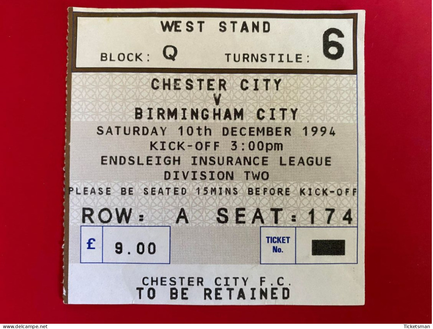 Football Ticket Billet Jegy Biglietto Eintrittskarte Chester City - Birmingham City 10/12/1994 - Eintrittskarten