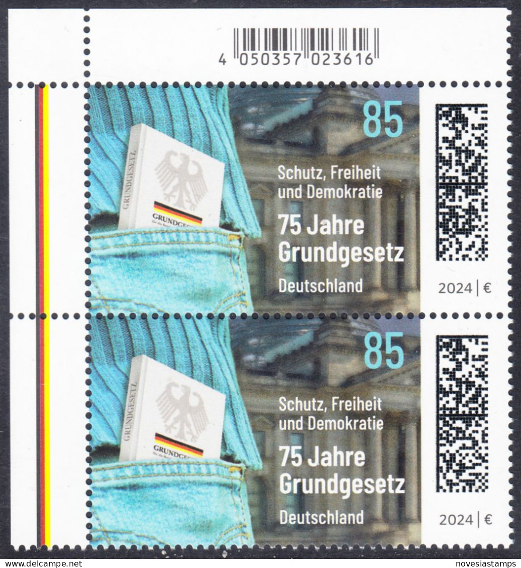 !a! GERMANY 2024 Mi. 3830 MNH Vert.PAIR From Upper Left Corner - Constitution - Unused Stamps