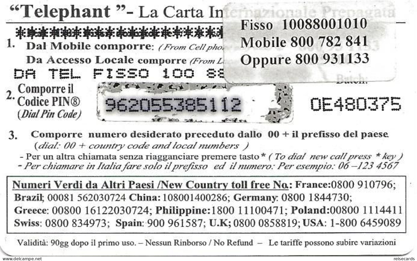 Italy: Prepaid Telephant - Continents - GSM-Kaarten, Aanvulling & Voorafbetaald