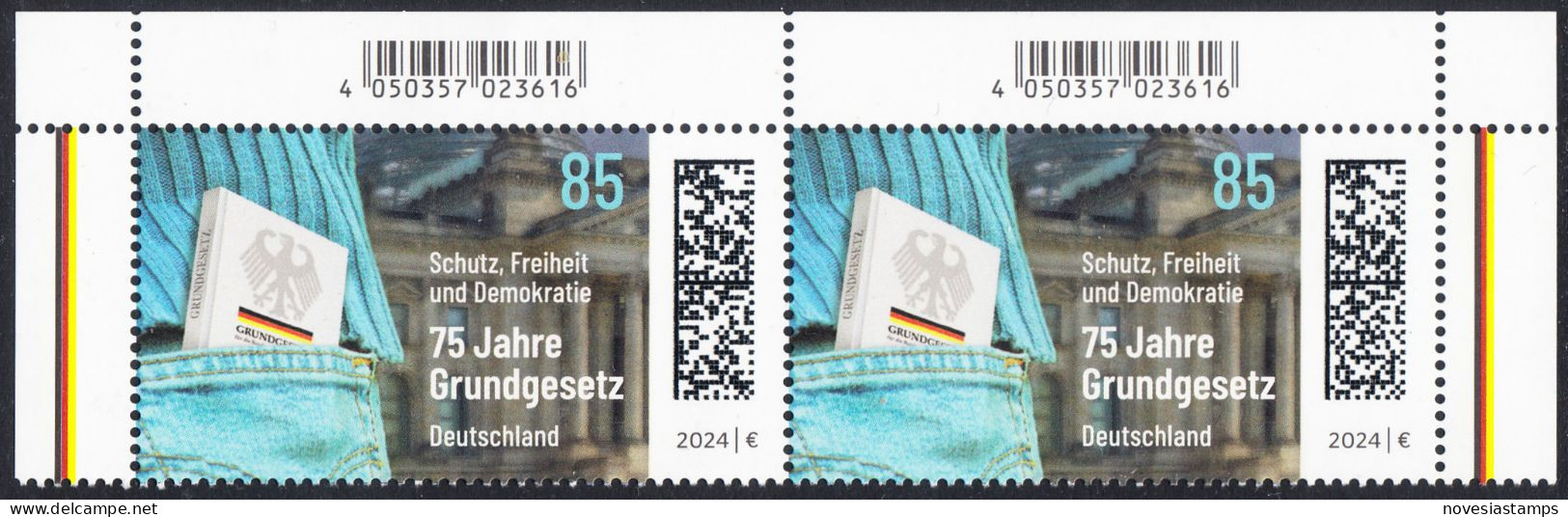 !a! GERMANY 2024 Mi. 3830 MNH Horiz.PAIR From Upper Right/left Corners - Constitution - Nuevos