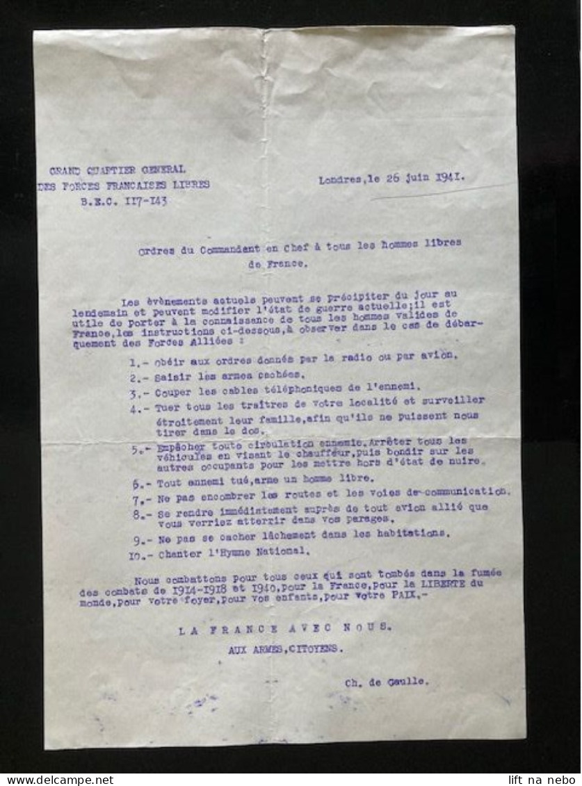 Tract Presse Clandestine Résistance Belge WWII WW2 'Ordres Du Commandant En Chef...' (Ch. De Gaulle) - Documenti