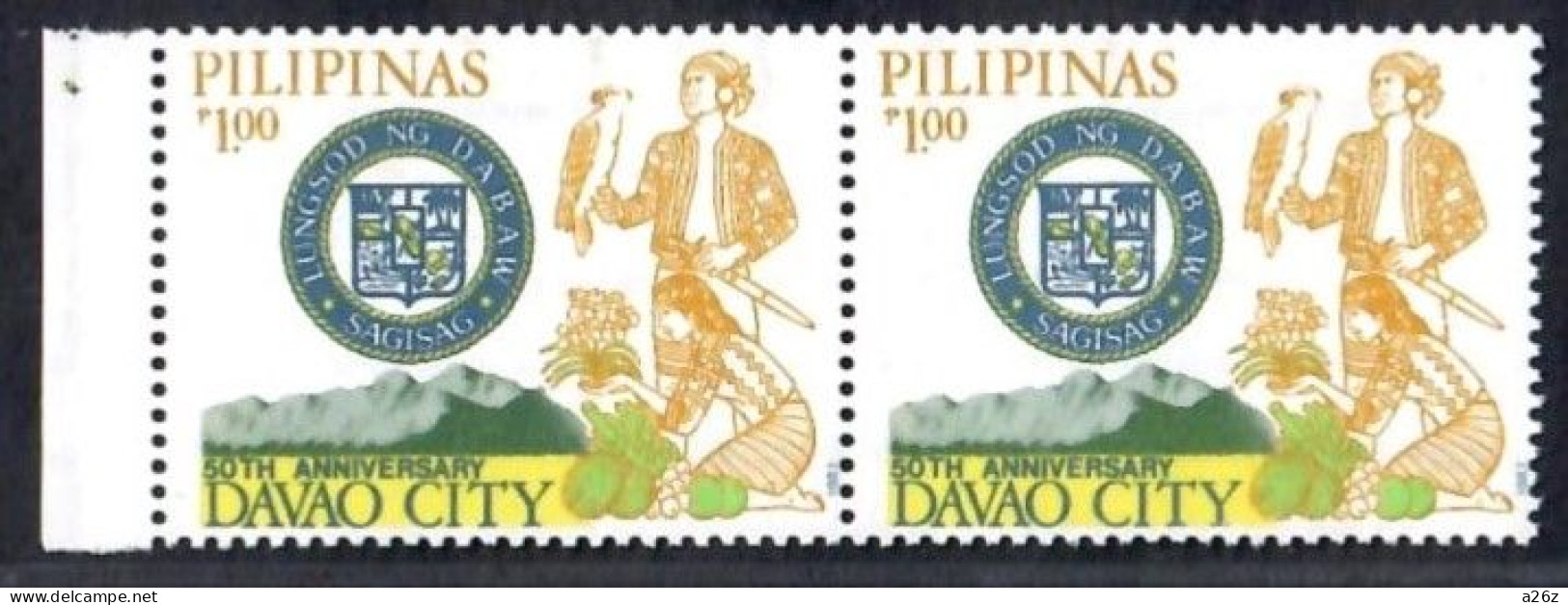 Philippines 1987 Davao City, 50th Anniv. Falconer, Woman Planting Etc. Marginal Horiz. Pair 1X 2V MNH - Filippine