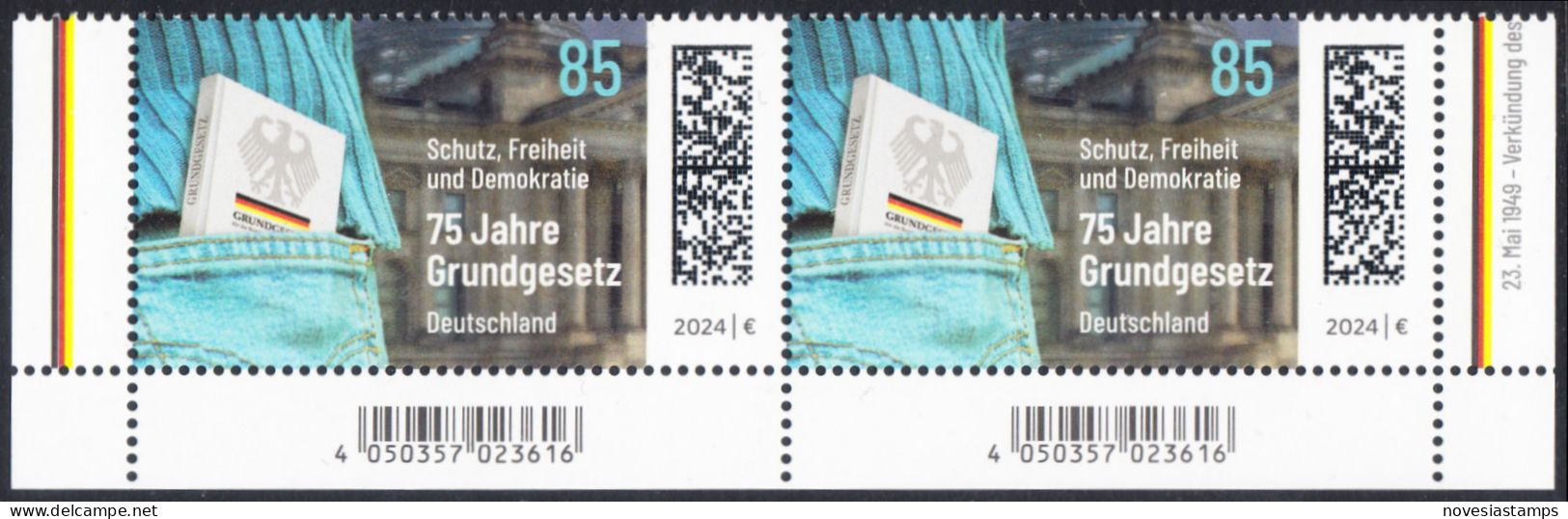 !a! GERMANY 2024 Mi. 3830 MNH Horiz.PAIR From Lower Right/left Corners - Constitution - Nuovi