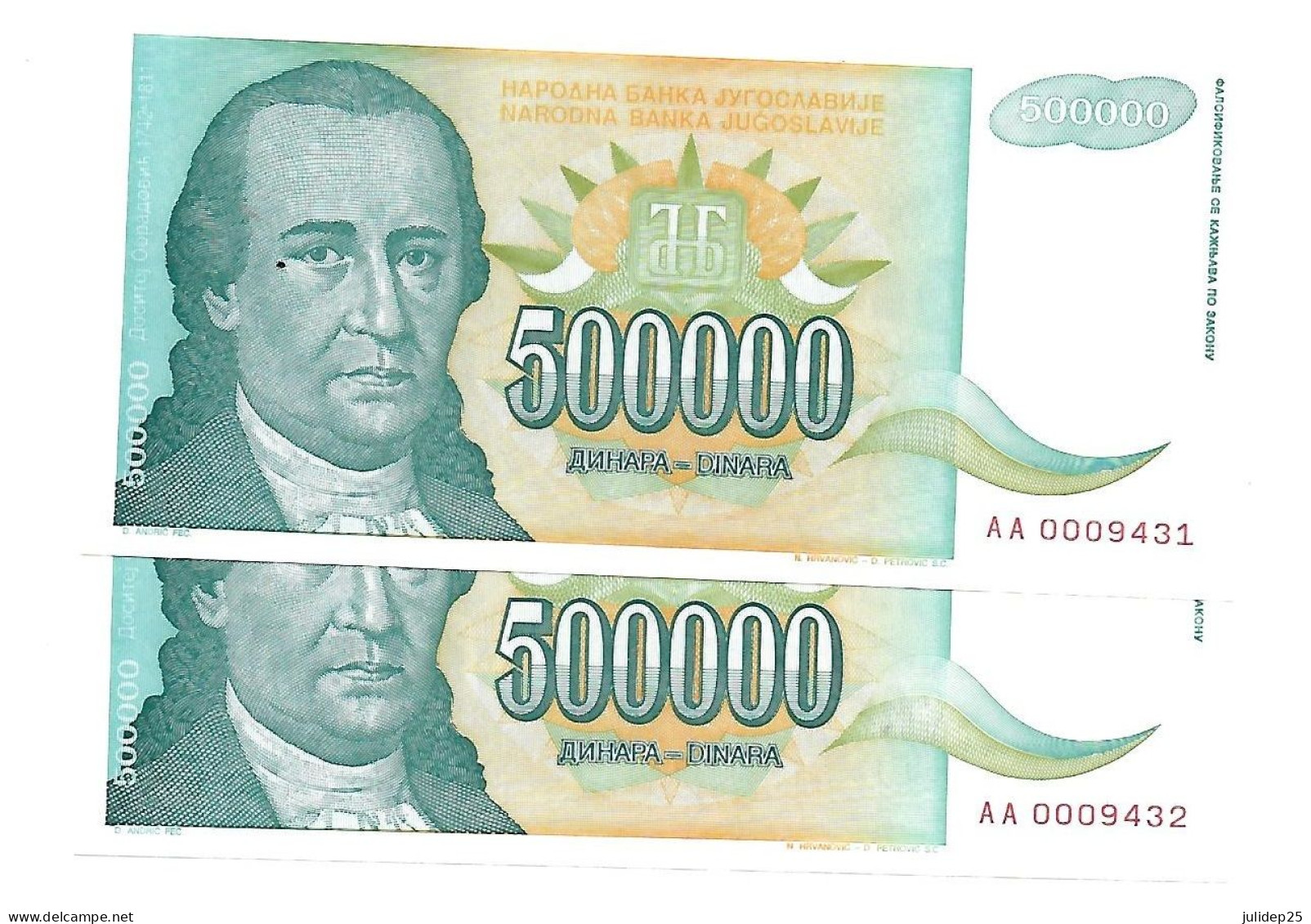 Yougoslavie Yugoslavia 500.000 Dinara 1993 UNC / NEUF - 2 Consecutive - Joegoslavië