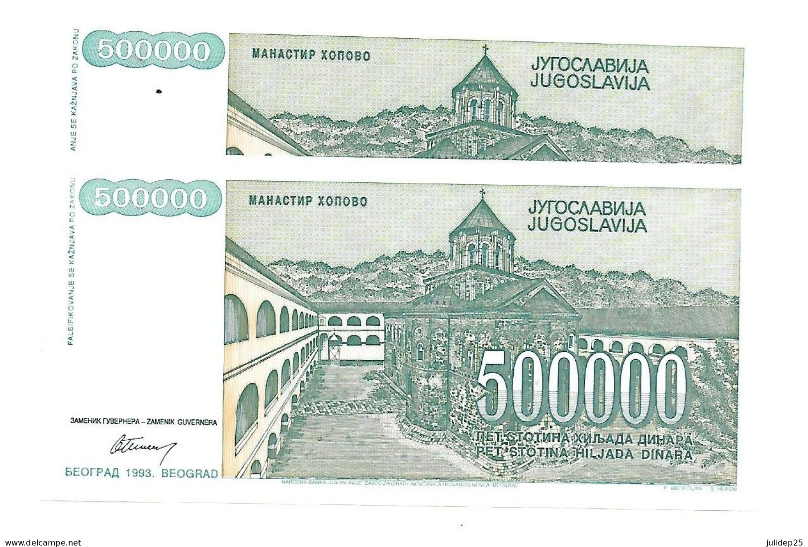 Yougoslavie Yugoslavia 500.000 Dinara 1993 UNC / NEUF - 2 Consecutive - Yougoslavie