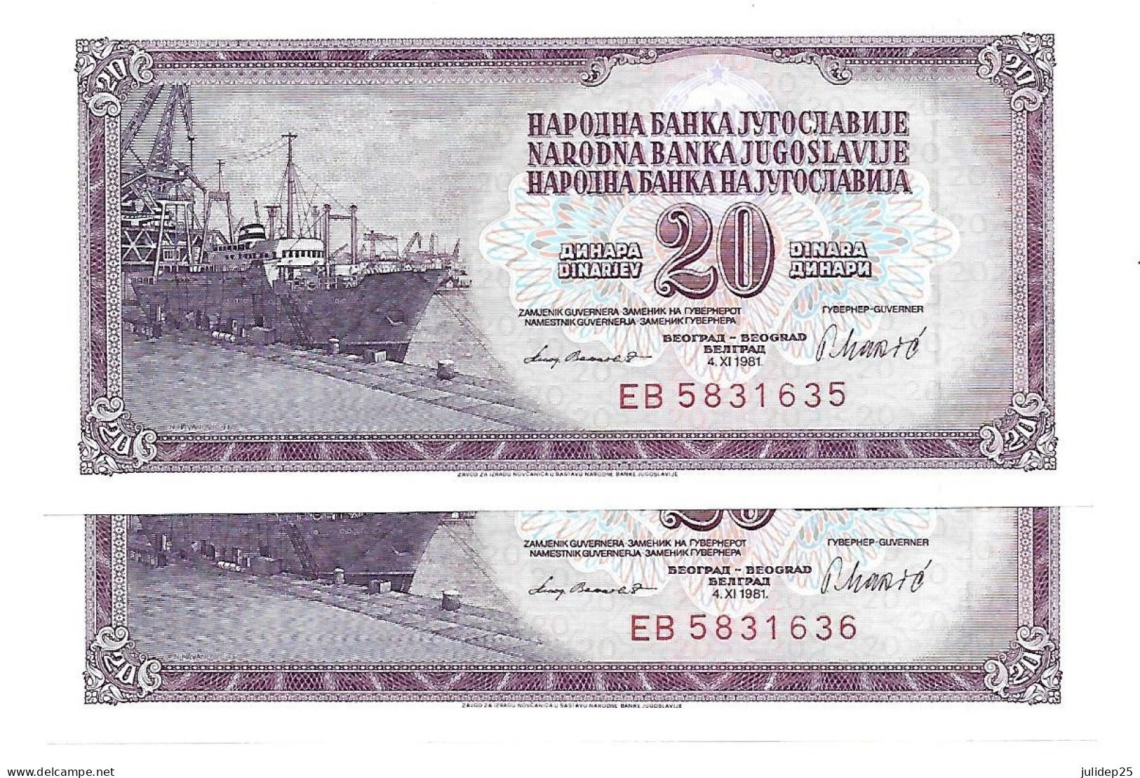 Yougoslavie Yugoslavia 20 Dinara 1981 UNC / NEUF - 2 Consecutive - Joegoslavië