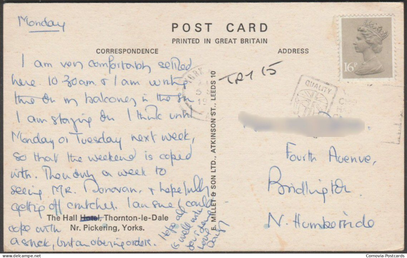 The Hall Hotel, Thornton-le-Dale, Yorkshire, 1983 - Millet & Son Postcard - Sonstige & Ohne Zuordnung