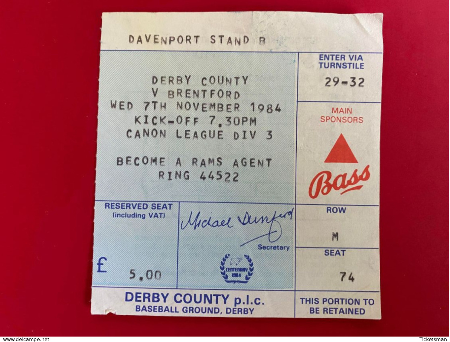 Football Ticket Billet Jegy Biglietto Eintrittskarte Derby County - Brentford 07/11/1984 - Tickets - Vouchers