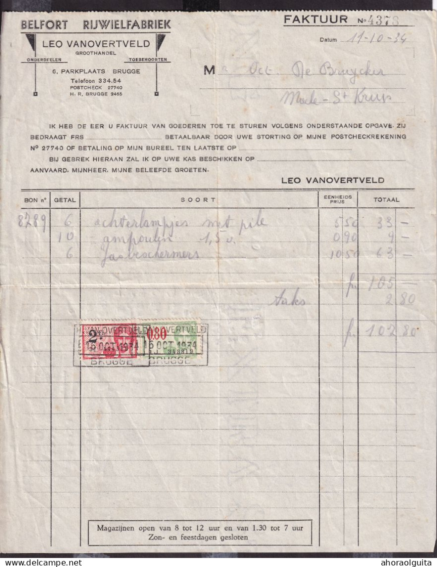 DDGG 089 - VELO/RIJWIEL - BRUGGE Belfort Rijwielfabriek Léo Vanovertveld - Faktuur 1934 Met Fiskale Zegel (Firmastempel) - Transport