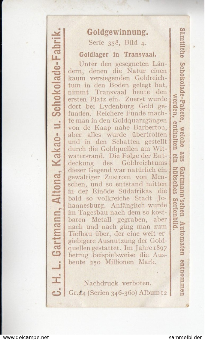 Gartmann Goldgewinnung Goldlager In Transvaal    Serie 358 #4 Von 1912 - Autres & Non Classés