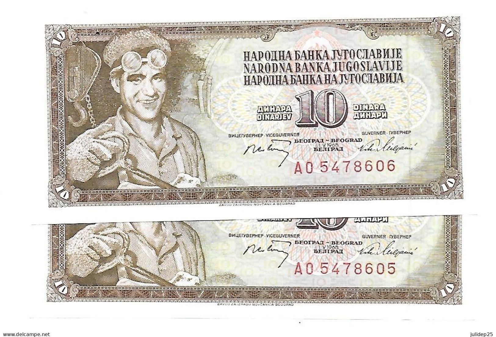 Yougoslavie Yugoslavia 10 Dinara 1968 UNC / NEUF - 2 Consecutive - Yugoslavia