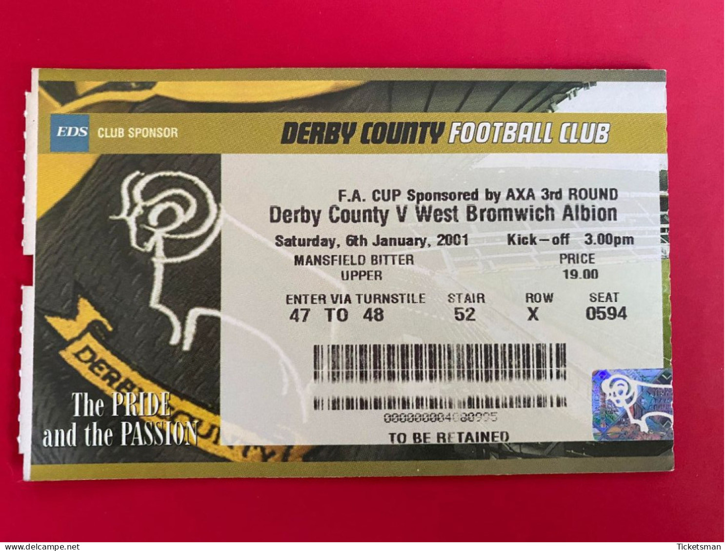 Football Ticket Billet Jegy Biglietto Eintrittskarte Derby County - W.B.A. 06/01/2001 - Tickets D'entrée