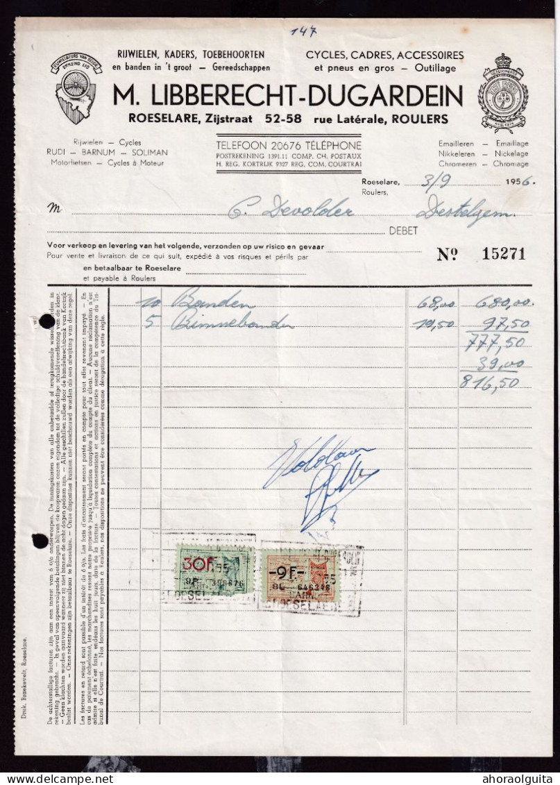 DDGG 091 - VELO/RIJWIEL - ROESELARE Groothandel Libberecht-Dugardein - Faktuur 1956 Met Fiskale Zegels (Firmastempel) - Transportmiddelen