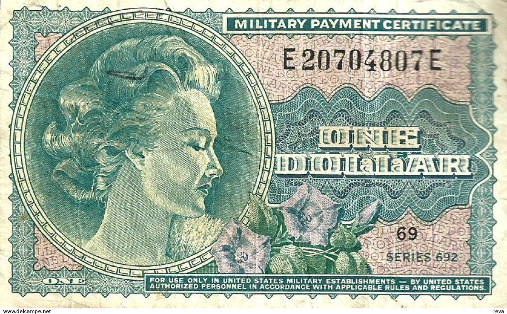 USA UNITED STATES $1 MILITARY CERTIFICATE GREEN WOMAN SERIES 692 VF ND(1970) PM93a READ DESCRIPTION CAREFULLY !! - 1970 - Series 692