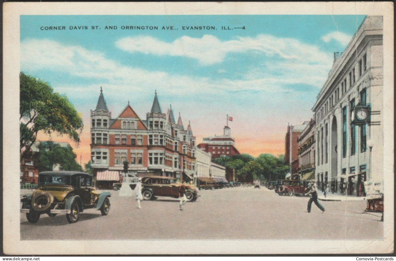 Corner Davis St & Orrington Ave, Evanston, Illinois, 1930 - EC Kropp Postcard - Autres & Non Classés