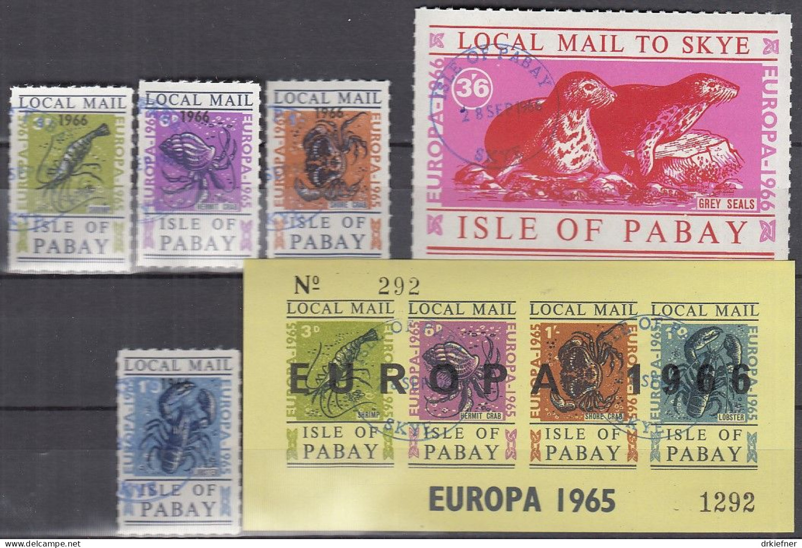 INSEL PABAY (Schottland), Nichtamtl. Briefmarken, 1 Block + 5 Marken, Gestempelt, Europa 1966, Krebstiere, Robben - Scozia