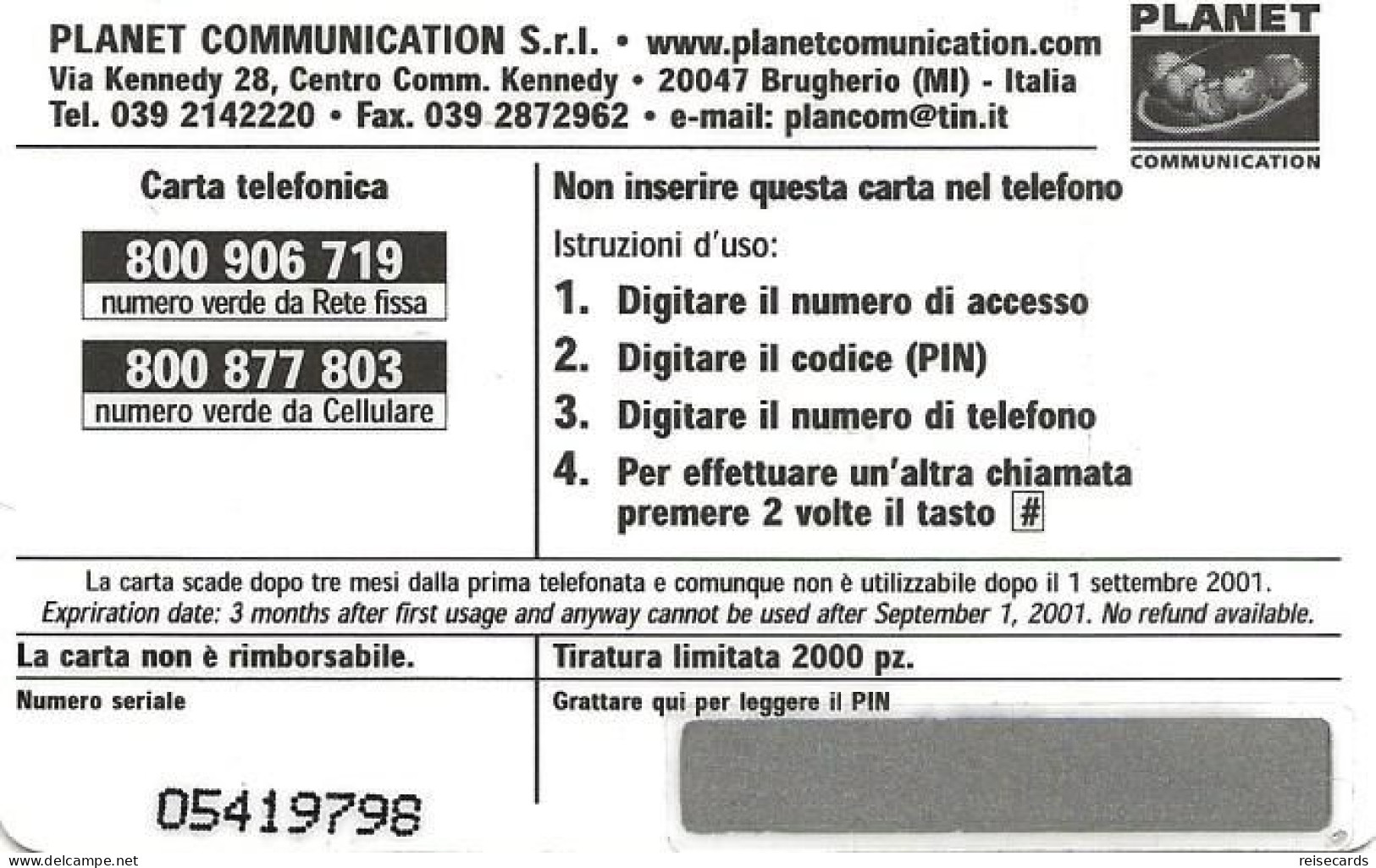 Italy: Prepaid Planet Communication  - Europa Card Show Riccione 2000. Mint - GSM-Kaarten, Aanvulling & Voorafbetaald