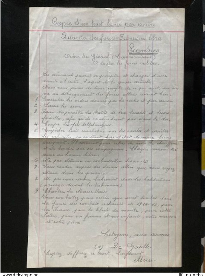 Tract Presse Clandestine Résistance Belge WWII WW2 'Copie Du Tract Lancé Par Avion' Ordre Du General (Commandant)... - Documentos