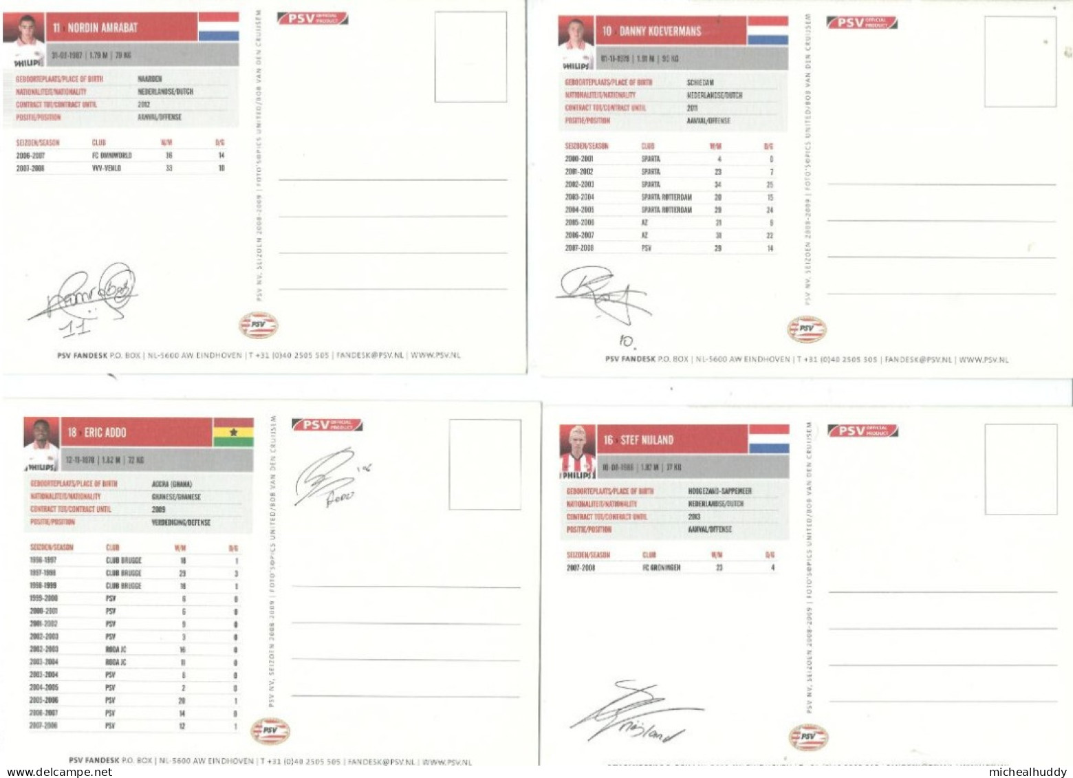 4  POSTCARDS   FC  PSV EINDHOVEN PLAYERS 2008- 09SEASON - Voetbal