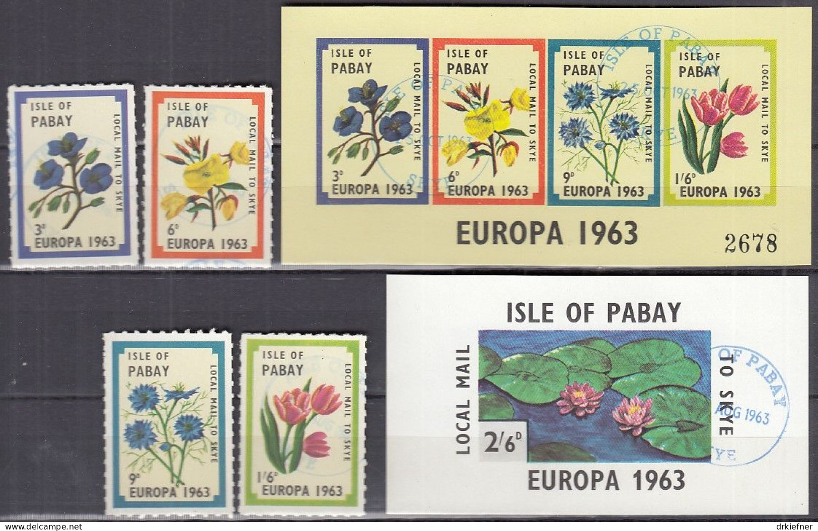 INSEL PABAY (Schottland), Nichtamtl. Briefmarken, 2 Blöcke + 4 Marken, Gestempelt, Europa 1963, Pflanzen, Seerose - Scotland