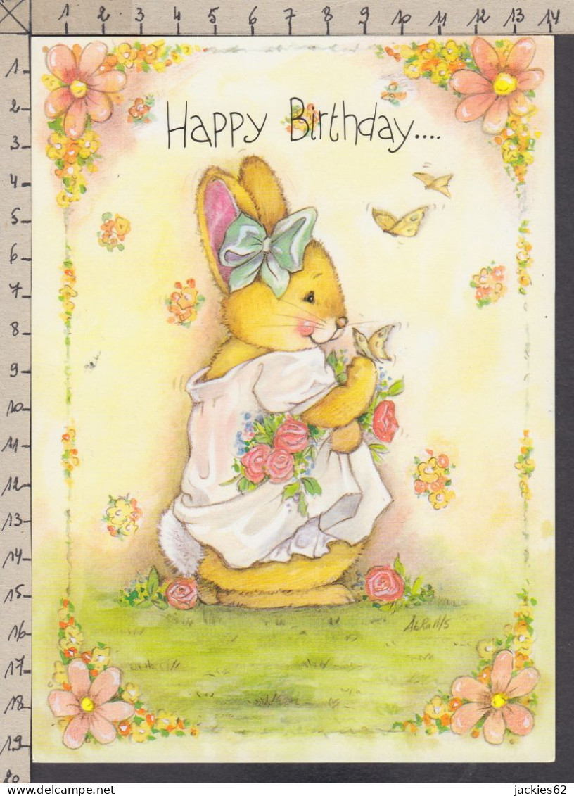 117611GF/ Birthday, Lapin Et Papillons, Illustration Signée - Birthday