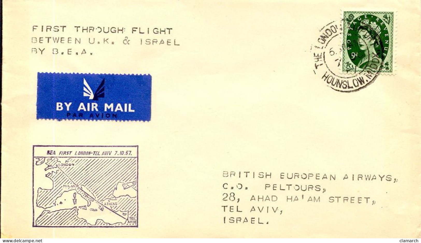 Aérophilatélie-First Through Flifht Between U.K & Israël By BEA-cachet De London Du 7.10.57 - Premiers Vols