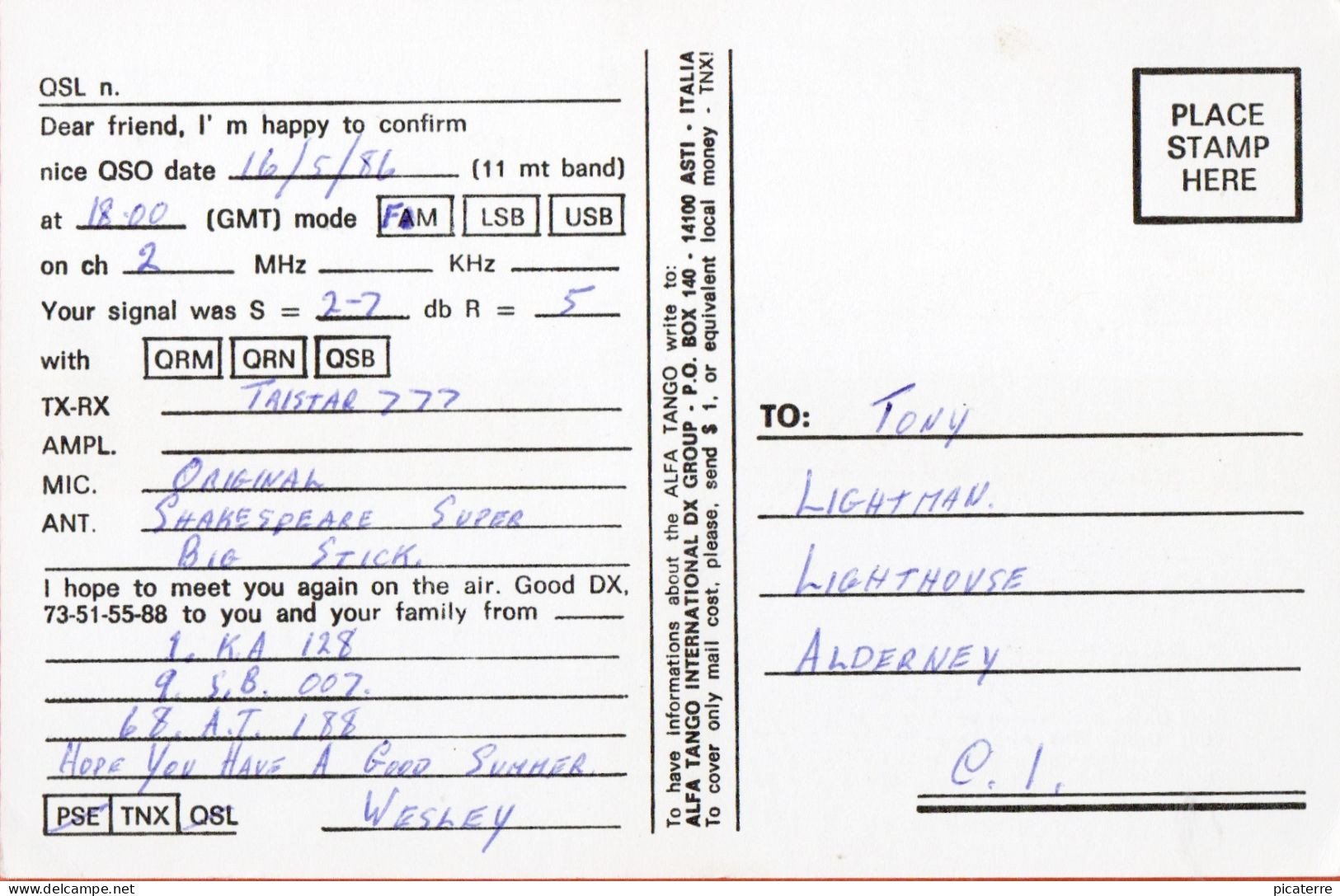 GRUPPO RADIO ITALIA- 1986 - ALFA TANGO - Wesley, Kilkeel, County Down, N.I. - QSL Card Sent To Alderney Lighthouse - Radio Amatoriale