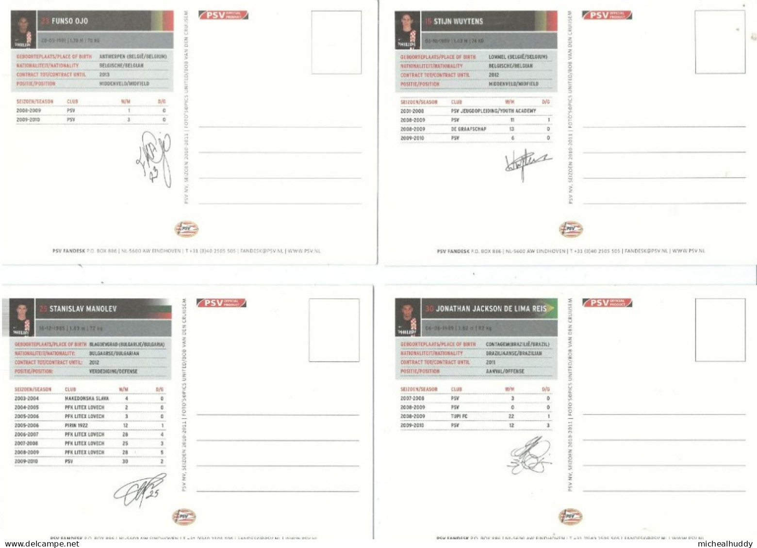 4  POSTCARDS   FC  PSV EINDHOVEN PLAYERS 2010- 11 SEASON - Voetbal