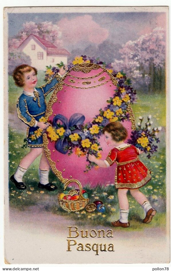 BUONA PASQUA - BAMBINI CON UOVO - 1935 - PROFILI DORATI - Vedi Retro - Formato Piccolo - Ostern