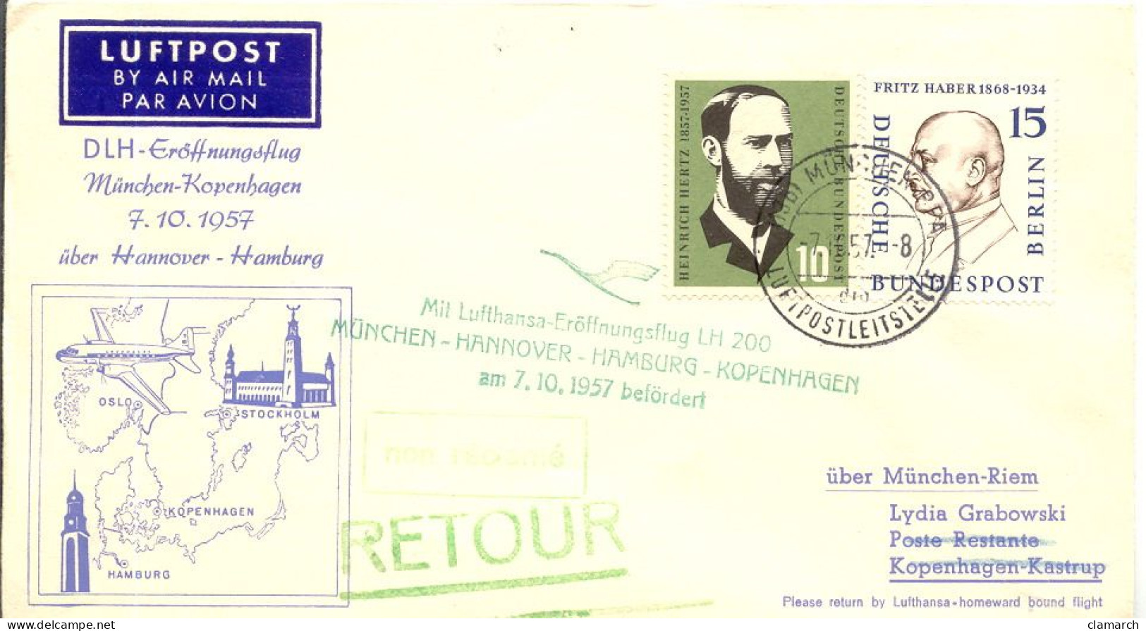 Aérophilatélie-Mit Lufthansa Eroffnungsflug LH 200 MUNCHEN-HANNOVER-HAMBURG-KOPENHAGEN Am 7.10.57 Befordert-cachet De - First Flight Covers