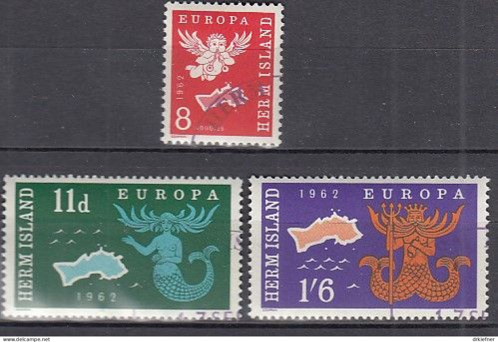 INSEL HERM (Guernsey), Nichtamtl. Briefmarken, 3 Marken, Gestempelt, Europa 1962, Landkarte, Symbole - Guernsey