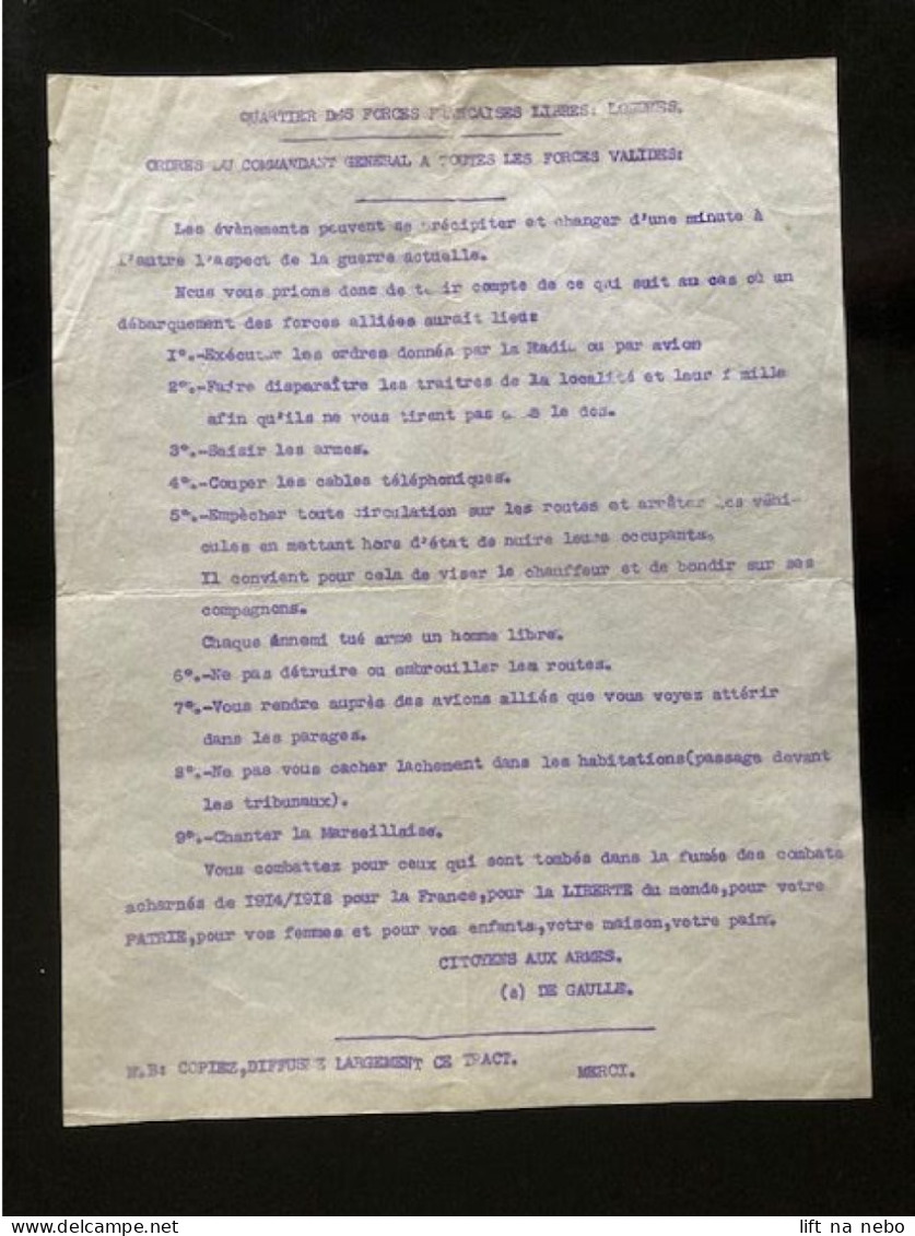 Tract Presse Clandestine Résistance Belge WWII WW2 Ordres Du Commandant General A Toutes Les Forces Valides (de Gaulle) - Documents