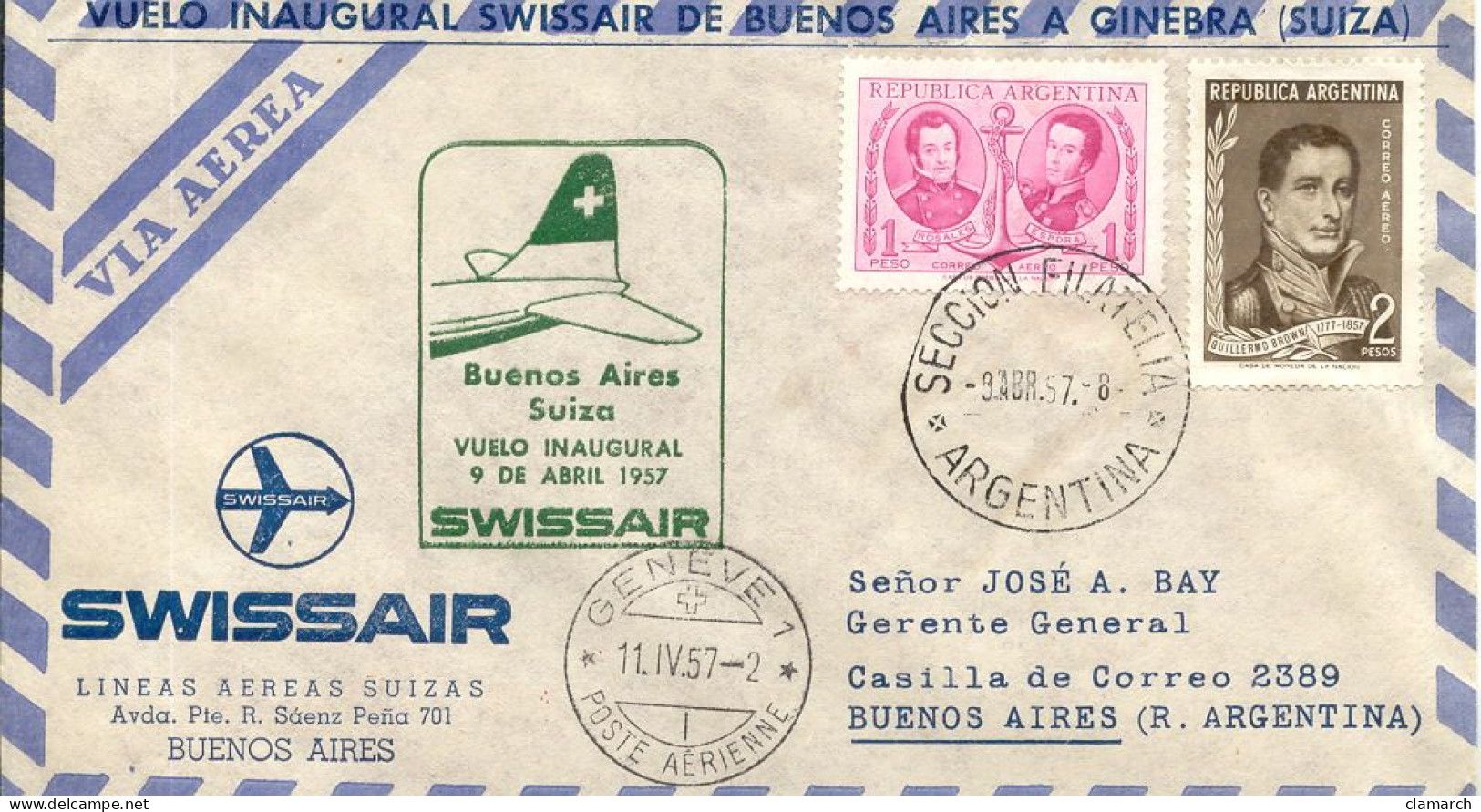 Aérophilatélie-Buenos Aires Suiza Vuelo Inaugural 9 De Abril1957 Par Swissair-cachet Seccion Filateli Du 9.4.57 - Eerste Vluchten