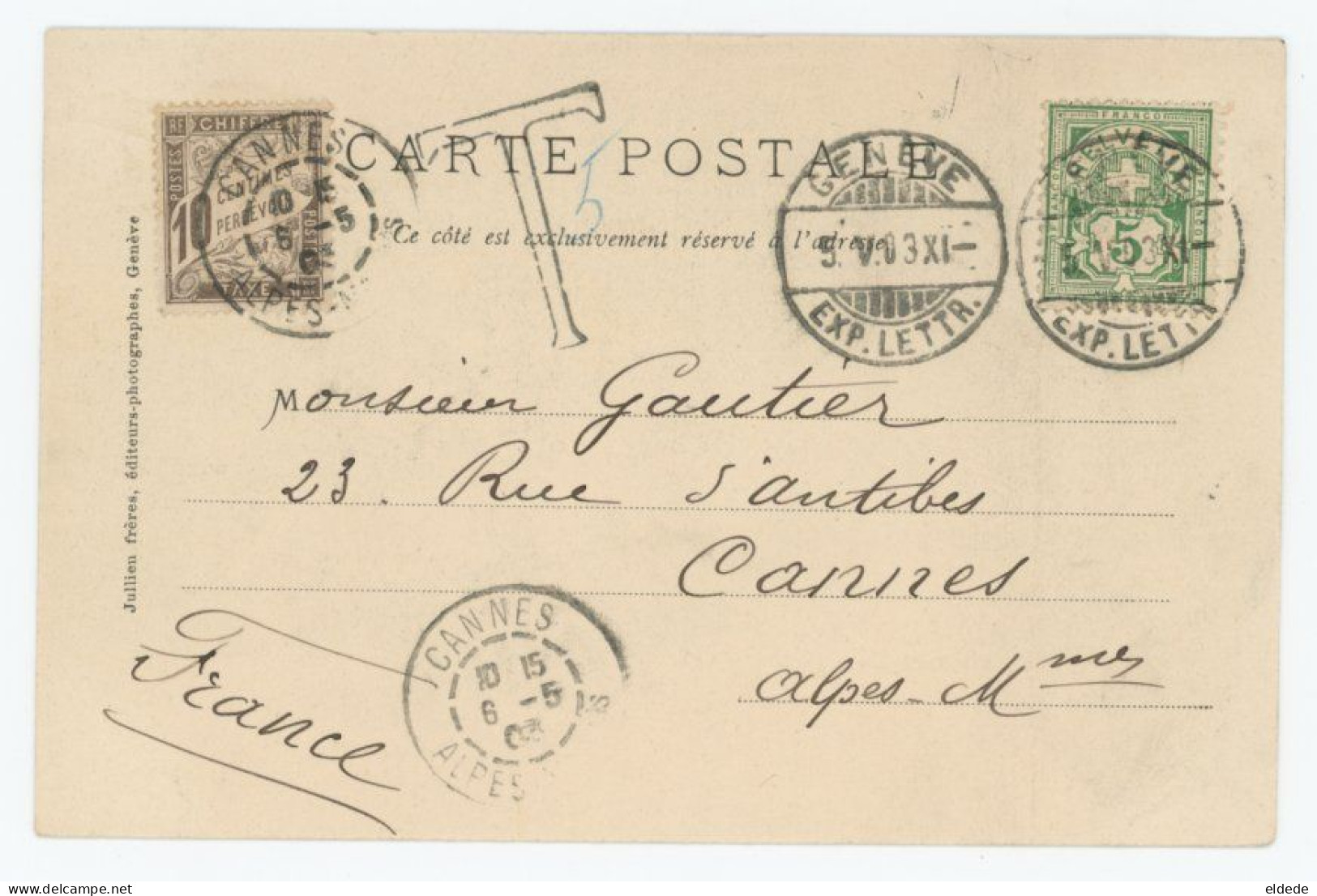 Geneve  Pionnière 1903 JJ 6. Grand Quai Timbre Taxe Cannes - Genève