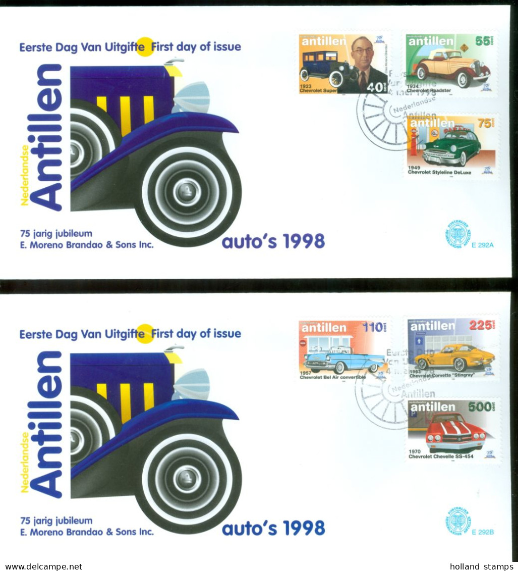 NEDERLANDSE ANTILLEN FDC E 292 A + B * TRANSPORT *  OLDTIMERS * AUTO CHEVROLET * OPEN KLEP - Coches