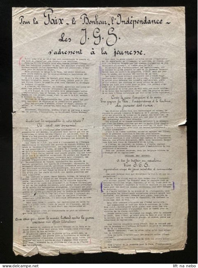 Tract Presse Clandestine Résistance Belge WWII WW2 'Pour La Paix - La Bonheur - L'Indépendance' - Les J.G.S...' - Documents